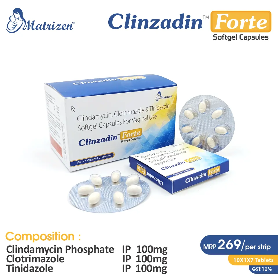 Clindamycin 100mg + Clotrimazole 100mg + Tinidazole 100mg Softgel Capsules | Best Price for PCD Pharma Franchise in Gynecological & Antibacterial Care